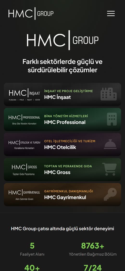 HMC Group web sitesi mobil görünümü