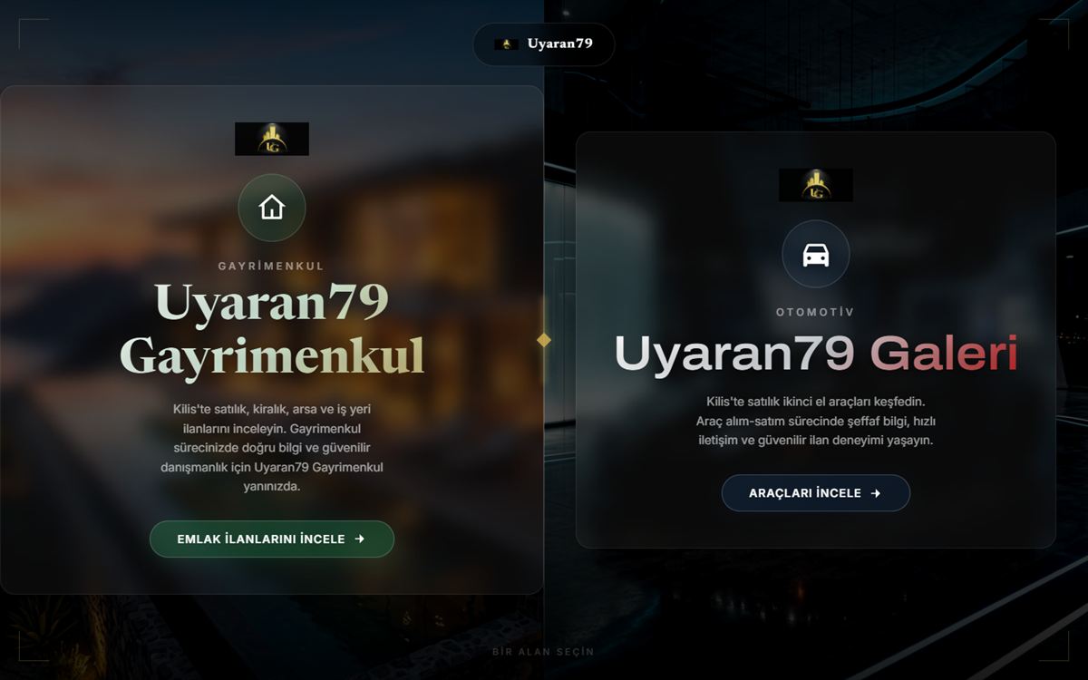 Uyaran79 giriş ekranı: Gayrimenkul ve Galeri mod seçimi